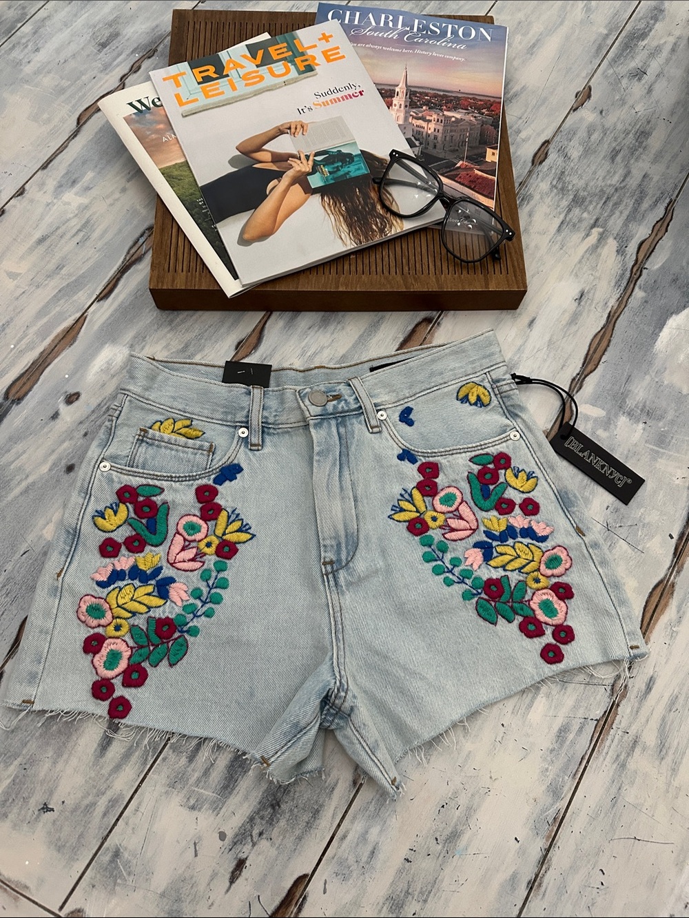BlankNYC Embroidered Floral print Light Wash Denim Shorts -